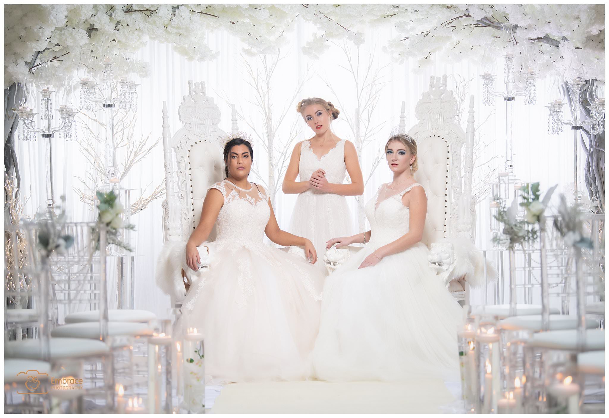 Eloise, Melissa and Laura looking elegant and beautiful in the fairytale wedding set provided by Celebration cars and events.