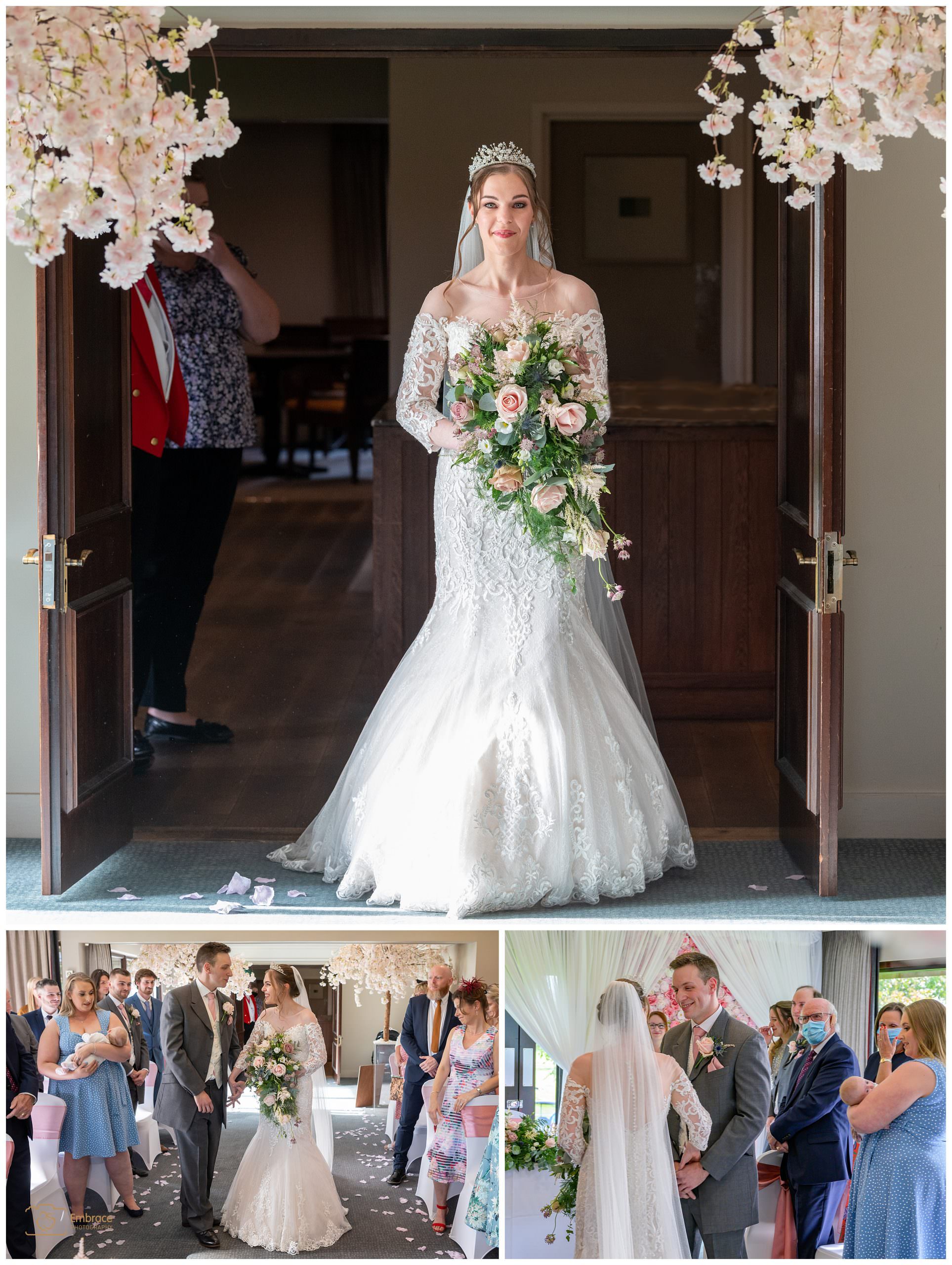 Bride entering the ceremony room with big bouquet of wedding flowers