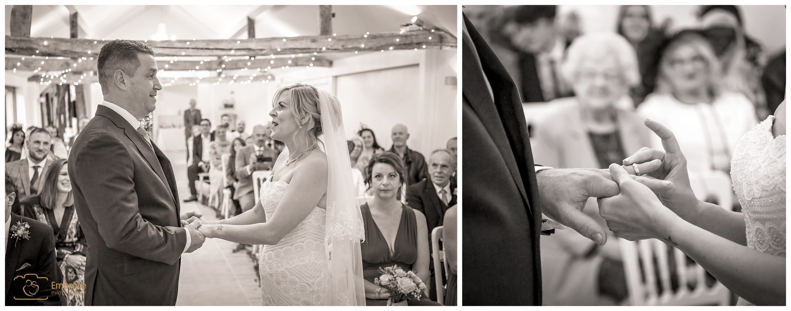 Bride places ring onto the groom during their ceremony at White Dove Barns Suffolk
