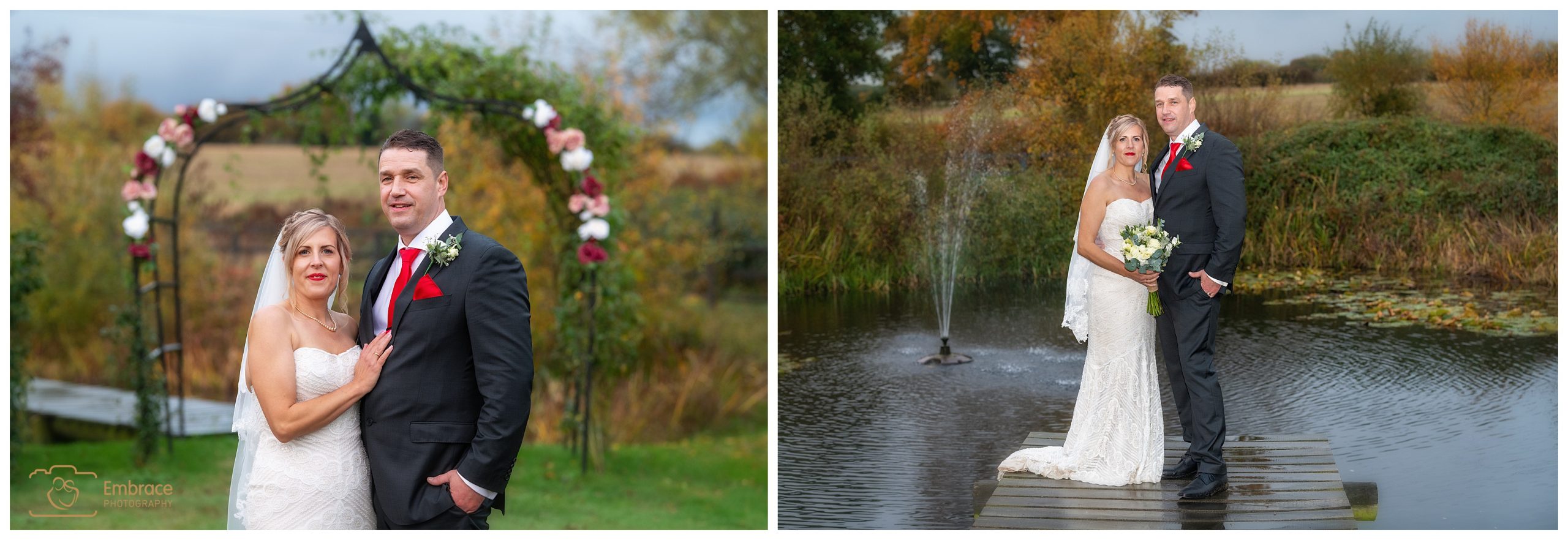 Bride and groom photographs on the jetty by the pond at White Dove Barn
